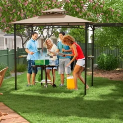 Grillpavillon mit Seitenmarkise Doppeldach 2 Seitenregalen & Haken Gartenpavillon BBQ Pavillon