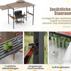 Grillpavillon mit Seitenmarkise Doppeldach 2 Seitenregalen & Haken Gartenpavillon BBQ Pavillon