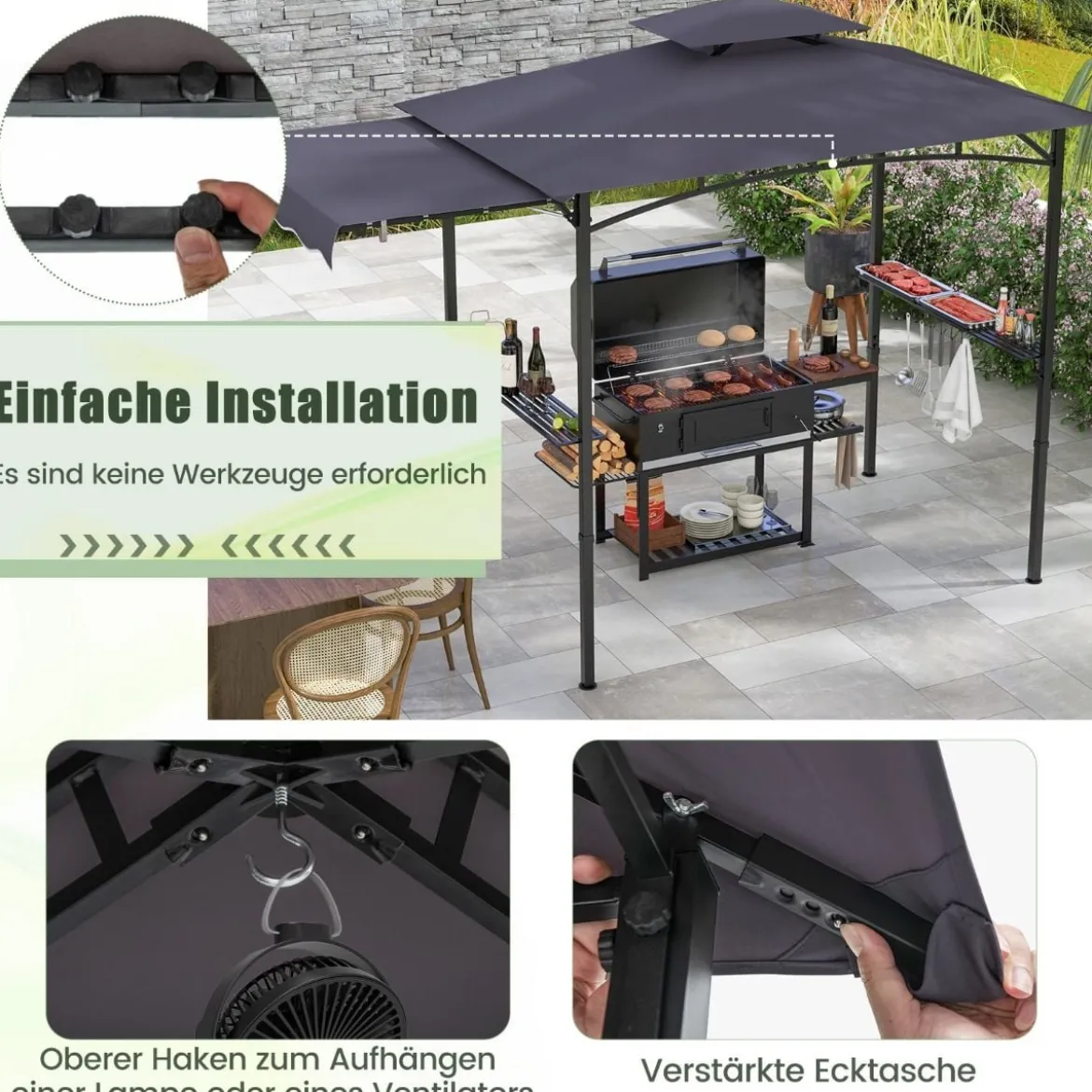 Grillpavillon mit Seitenmarkise Doppeldach 2 Seitenregalen & Haken Gartenpavillon BBQ Pavillon