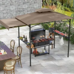 Grillpavillon mit Seitenmarkise Doppeldach 2 Seitenregalen & Haken Gartenpavillon BBQ Pavillon