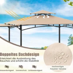 Grillpavillon mit Seitenmarkise Doppeldach 2 Seitenregalen & Haken Gartenpavillon BBQ Pavillon