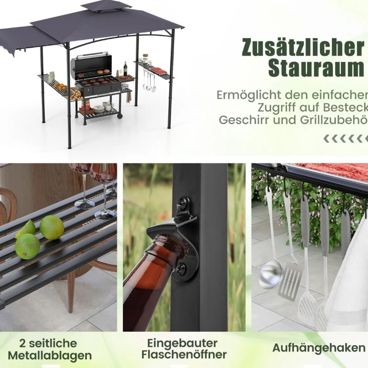 Grillpavillon mit Seitenmarkise Doppeldach 2 Seitenregalen & Haken Gartenpavillon BBQ Pavillon