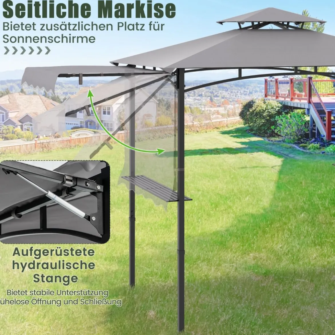 Grillpavillon mit Seitenmarkise Doppeldach 2 Seitenregalen & Haken Gartenpavillon BBQ Pavillon