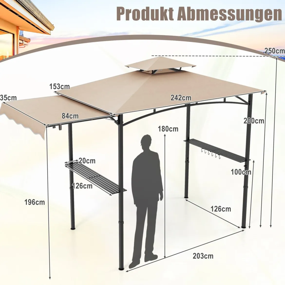 Grillpavillon mit Seitenmarkise Doppeldach 2 Seitenregalen & Haken Gartenpavillon BBQ Pavillon