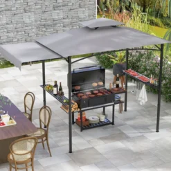 Grillpavillon mit Seitenmarkise Doppeldach 2 Seitenregalen & Haken Gartenpavillon BBQ Pavillon