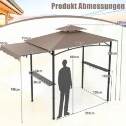 Grillpavillon mit Seitenmarkise Doppeldach 2 Seitenregalen & Haken Gartenpavillon BBQ Pavillon