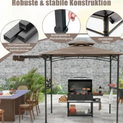 Grillpavillon mit Seitenmarkise Doppeldach 2 Seitenregalen & Haken Gartenpavillon BBQ Pavillon