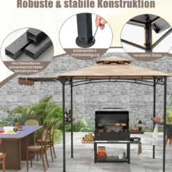 Grillpavillon mit Seitenmarkise Doppeldach 2 Seitenregalen & Haken Gartenpavillon BBQ Pavillon