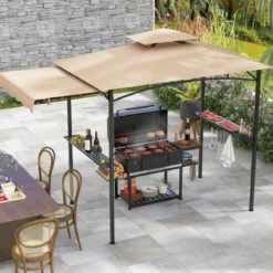 Grillpavillon mit Seitenmarkise Doppeldach 2 Seitenregalen & Haken Gartenpavillon BBQ Pavillon