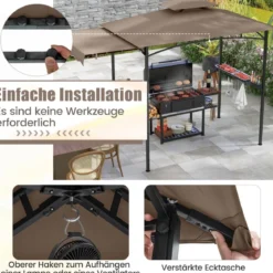 Grillpavillon mit Seitenmarkise Doppeldach 2 Seitenregalen & Haken Gartenpavillon BBQ Pavillon