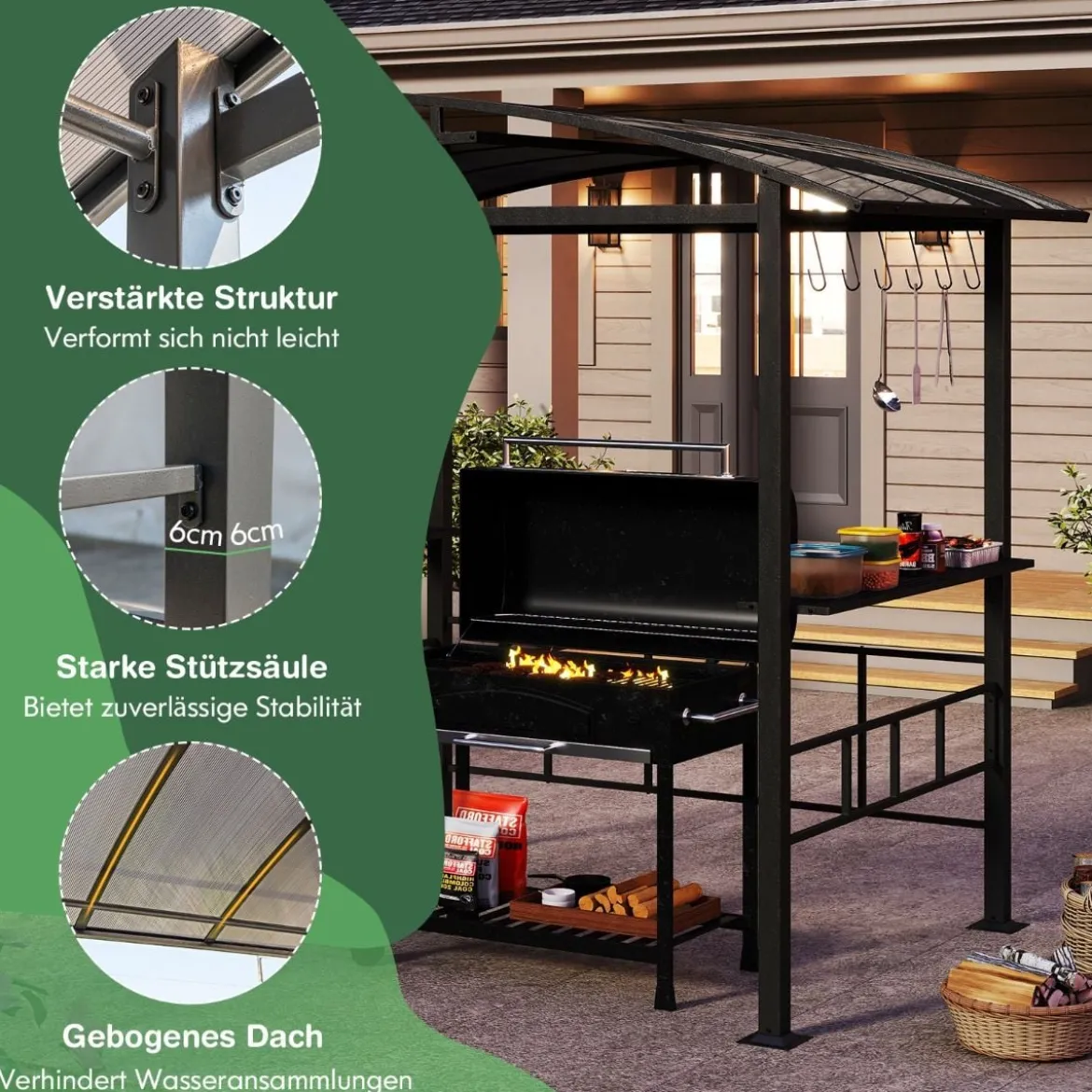 Grillpavillon Outdoor Grillüberdachung mit Seitenregalen Überdachung für Grill Gartenpavillon metall 248 x 150 x 232 cm Schwarz