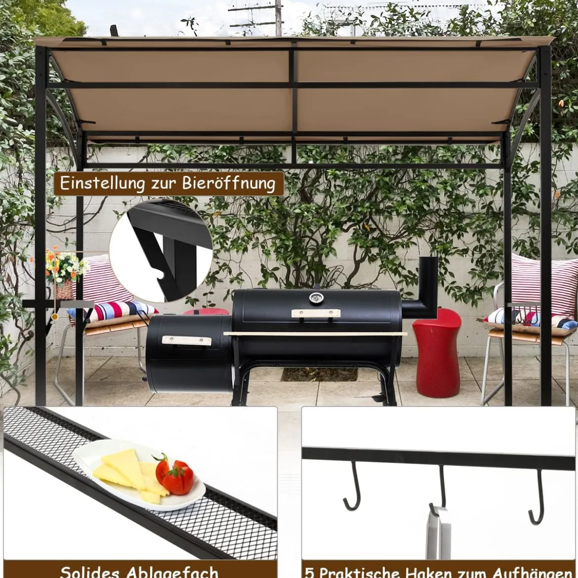 Grillpavillon Wetterfest Metallrahmen mit Regal & Haken 216 x 134 x 211 cm Braun