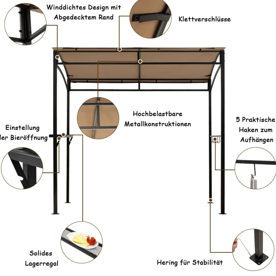 Grillpavillon Wetterfest Metallrahmen mit Regal & Haken 216 x 134 x 211 cm Braun