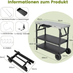Grilltisch mit 3 Ablagen & Handyständer & Gewürzregal & Handtuchhalter Servierwagen