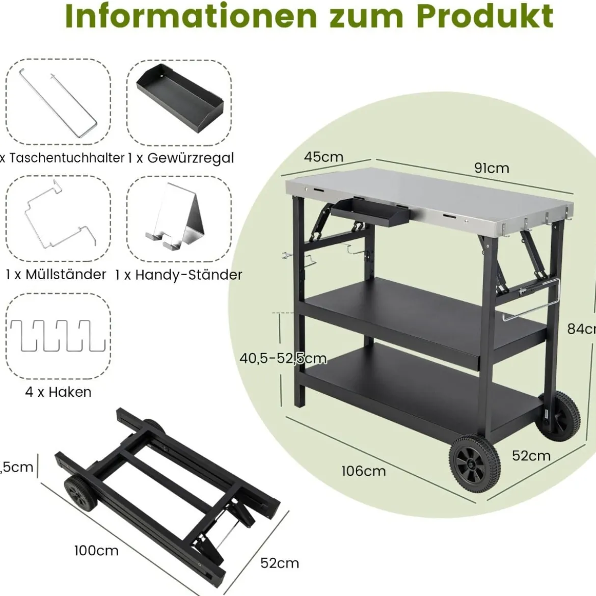 Grilltisch mit 3 Ablagen & Handyständer & Gewürzregal & Handtuchhalter Servierwagen