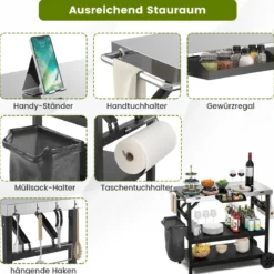 Grilltisch mit 3 Ablagen & Handyständer & Gewürzregal & Handtuchhalter Servierwagen