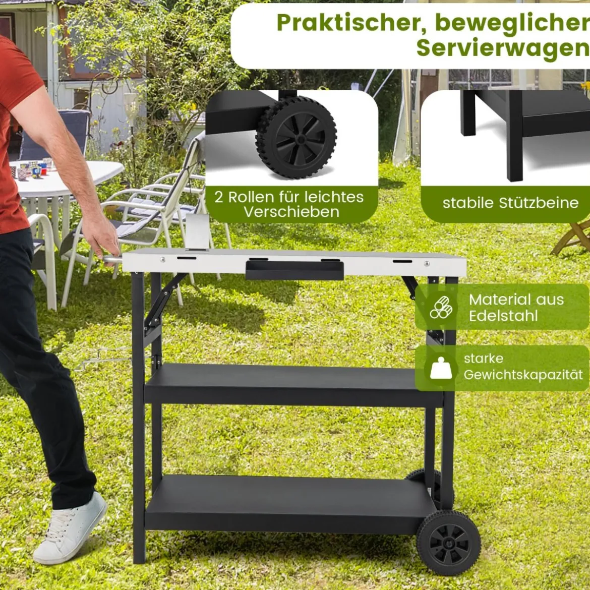 Grilltisch mit 3 Ablagen & Handyständer & Gewürzregal & Handtuchhalter Servierwagen