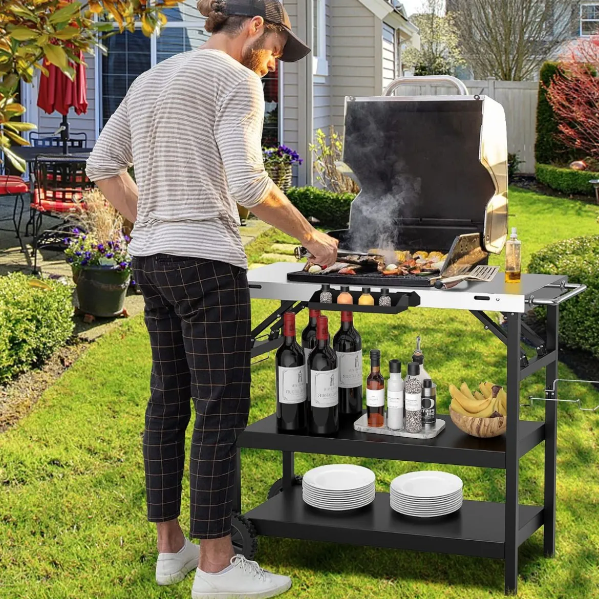 Grilltisch mit 3 Ablagen & Handyständer & Gewürzregal & Handtuchhalter Servierwagen