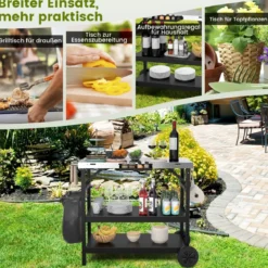Grilltisch mit 3 Ablagen & Handyständer & Gewürzregal & Handtuchhalter Servierwagen