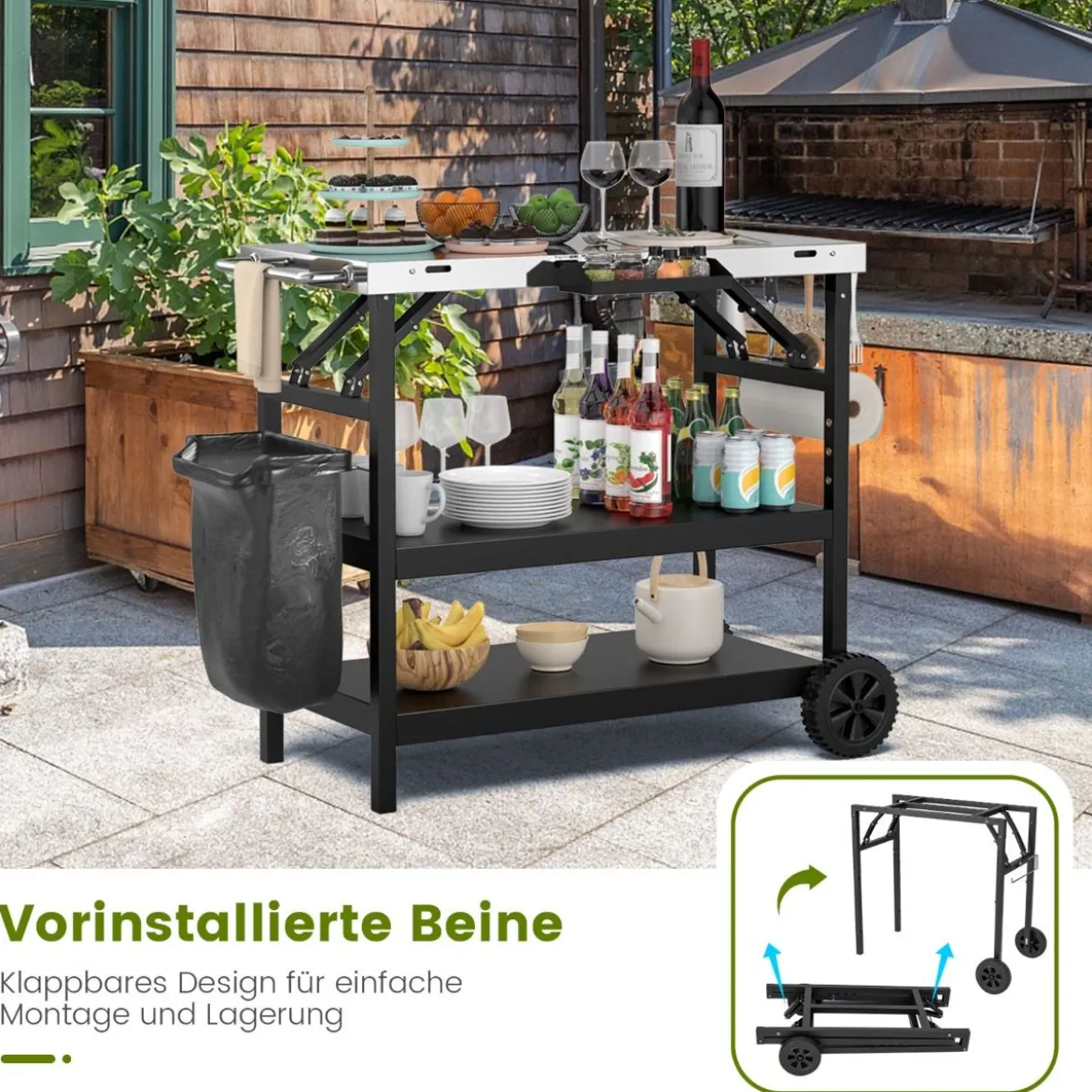 Grilltisch mit 3 Ablagen & Handyständer & Gewürzregal & Handtuchhalter Servierwagen