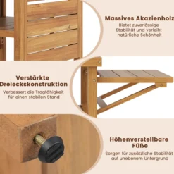 Grilltisch mit Klappbaren Seitenablagen & 2-stufige Ablage BBQ-Tisch aus Akazienholz Kücheninsel
