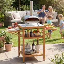 Grilltisch mit Klappbaren Seitenablagen & 2-stufige Ablage BBQ-Tisch aus Akazienholz Kücheninsel