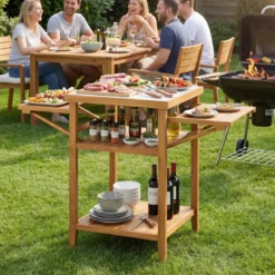 Grilltisch mit Klappbaren Seitenablagen & 2-stufige Ablage BBQ-Tisch aus Akazienholz Kücheninsel