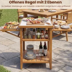 Grilltisch mit Klappbaren Seitenablagen & 2-stufige Ablage BBQ-Tisch aus Akazienholz Kücheninsel