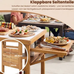 Grilltisch mit Klappbaren Seitenablagen & 2-stufige Ablage BBQ-Tisch aus Akazienholz Kücheninsel