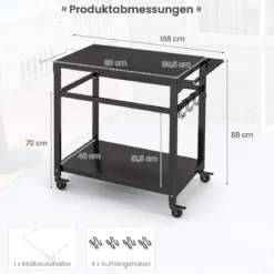 Grillwagen für den Außenbereich mit zwei Regalen 4 feststellbaren Rädern & Seitengriff Schwarz