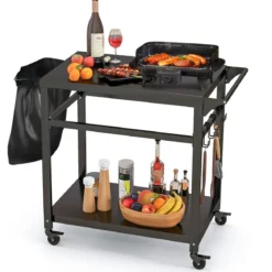 Grillwagen für den Außenbereich mit zwei Regalen 4 feststellbaren Rädern & Seitengriff Schwarz