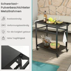 Grillwagen für den Außenbereich mit zwei Regalen 4 feststellbaren Rädern & Seitengriff Schwarz