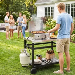 Grillwagen Grilltisch mit Arbeitsplatte aus Edelstahl & Ablage 90 x 59 x 81 cm Schwarz + Silber