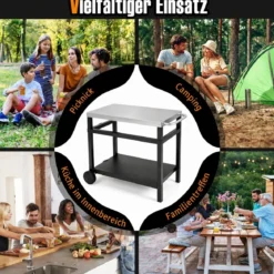 Grillwagen Grilltisch mit Arbeitsplatte aus Edelstahl & Ablage 90 x 59 x 81 cm Schwarz + Silber