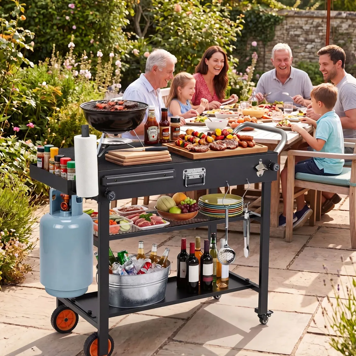 Grillwagen Klappbarer Grilltisch mit 3 Ebenen Unterlage Haken Griff & Rädern 109 x 46 x 87 cm