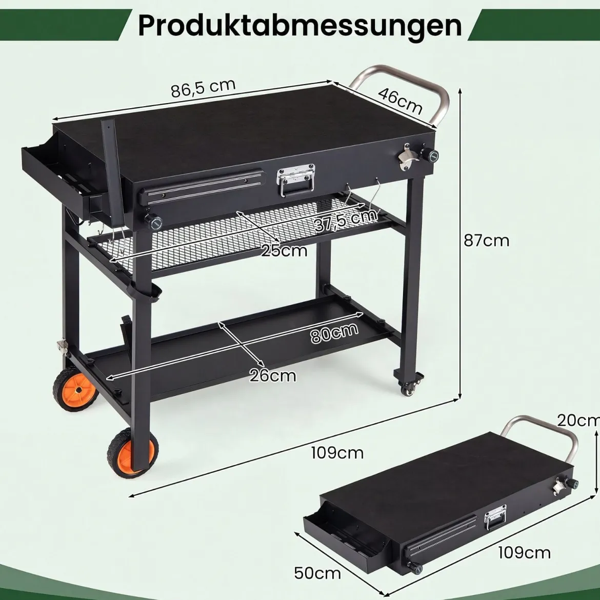 Grillwagen Klappbarer Grilltisch mit 3 Ebenen Unterlage Haken Griff & Rädern 109 x 46 x 87 cm