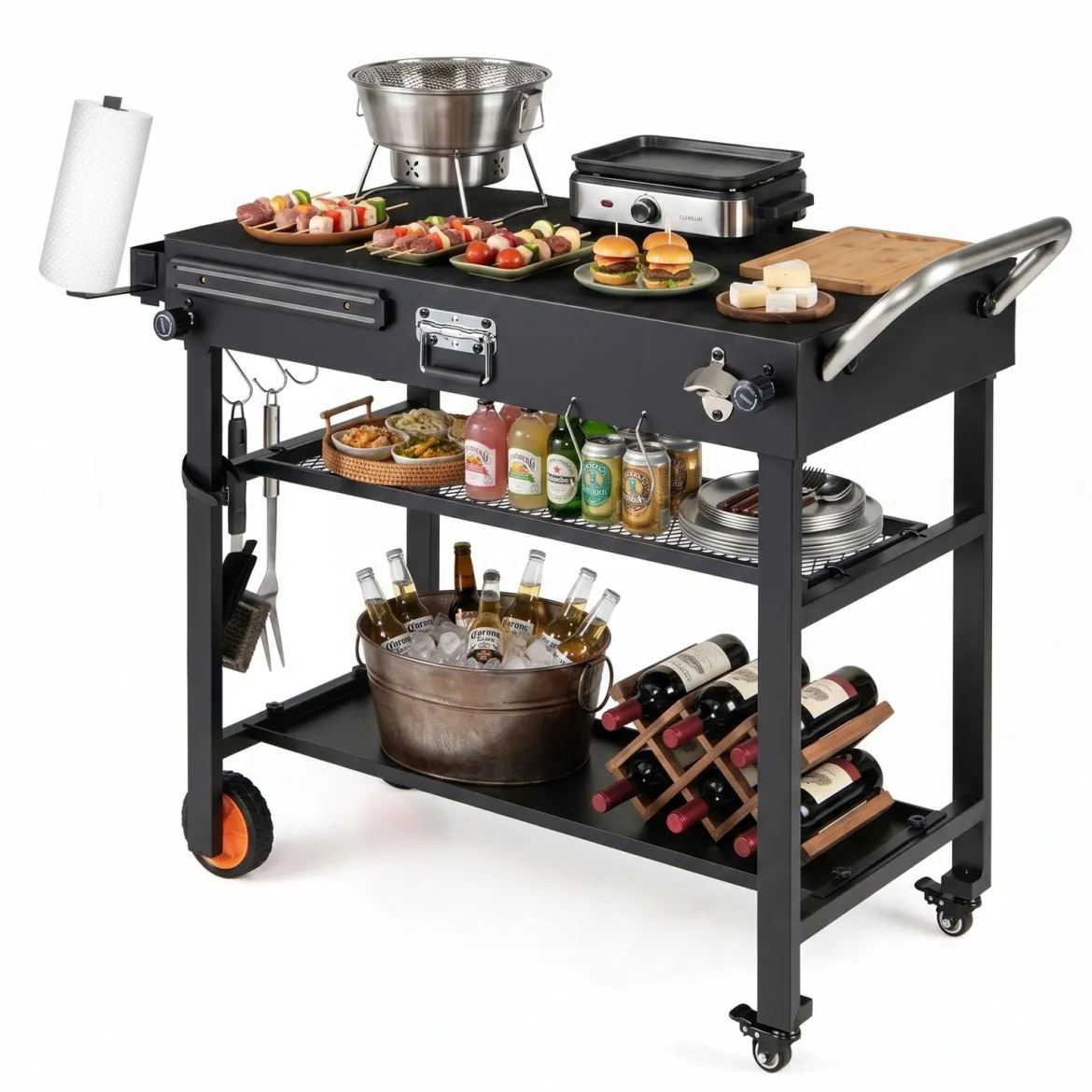 Grillwagen Klappbarer Grilltisch mit 3 Ebenen Unterlage Haken Griff & Rädern 109 x 46 x 87 cm