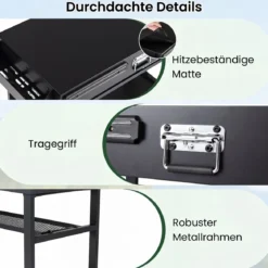 Grillwagen Klappbarer Grilltisch mit 3 Ebenen Unterlage Haken Griff & Rädern 109 x 46 x 87 cm