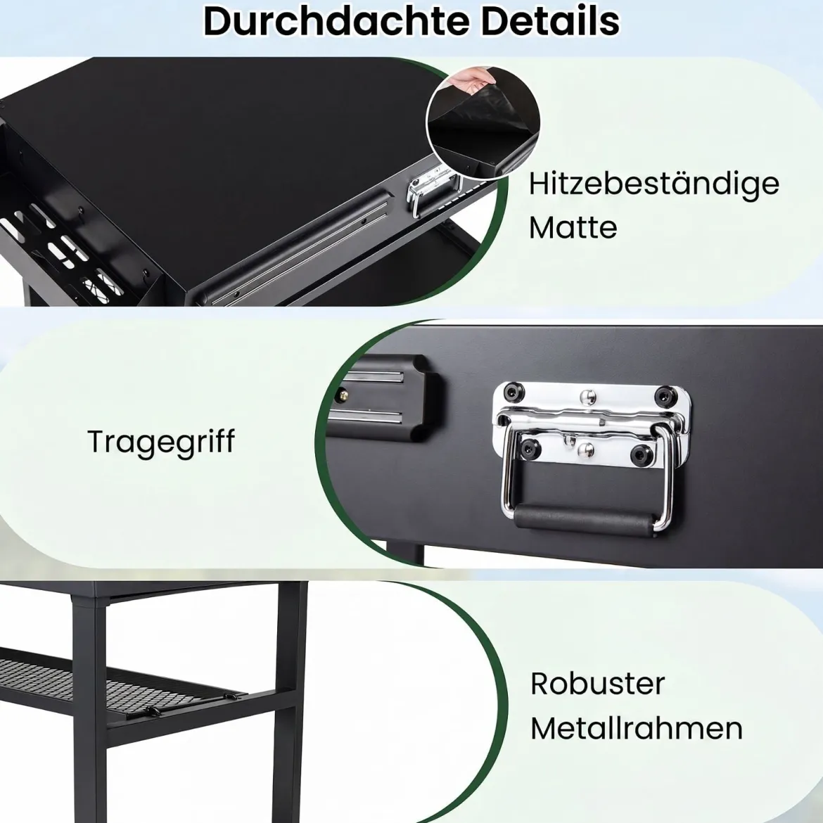 Grillwagen Klappbarer Grilltisch mit 3 Ebenen Unterlage Haken Griff & Rädern 109 x 46 x 87 cm