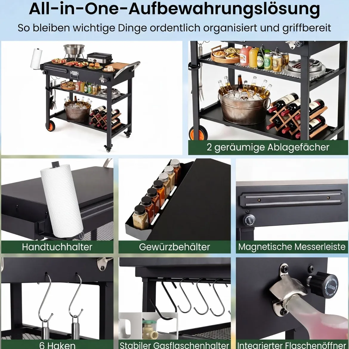 Grillwagen Klappbarer Grilltisch mit 3 Ebenen Unterlage Haken Griff & Rädern 109 x 46 x 87 cm
