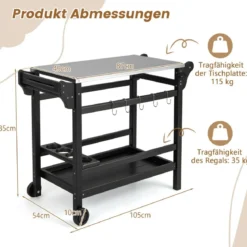 Grillwagen mit Gewürztablett & Weinflaschenregal & Griff & 2 Rollen Grilltisch 105 x 54 x 85 cm