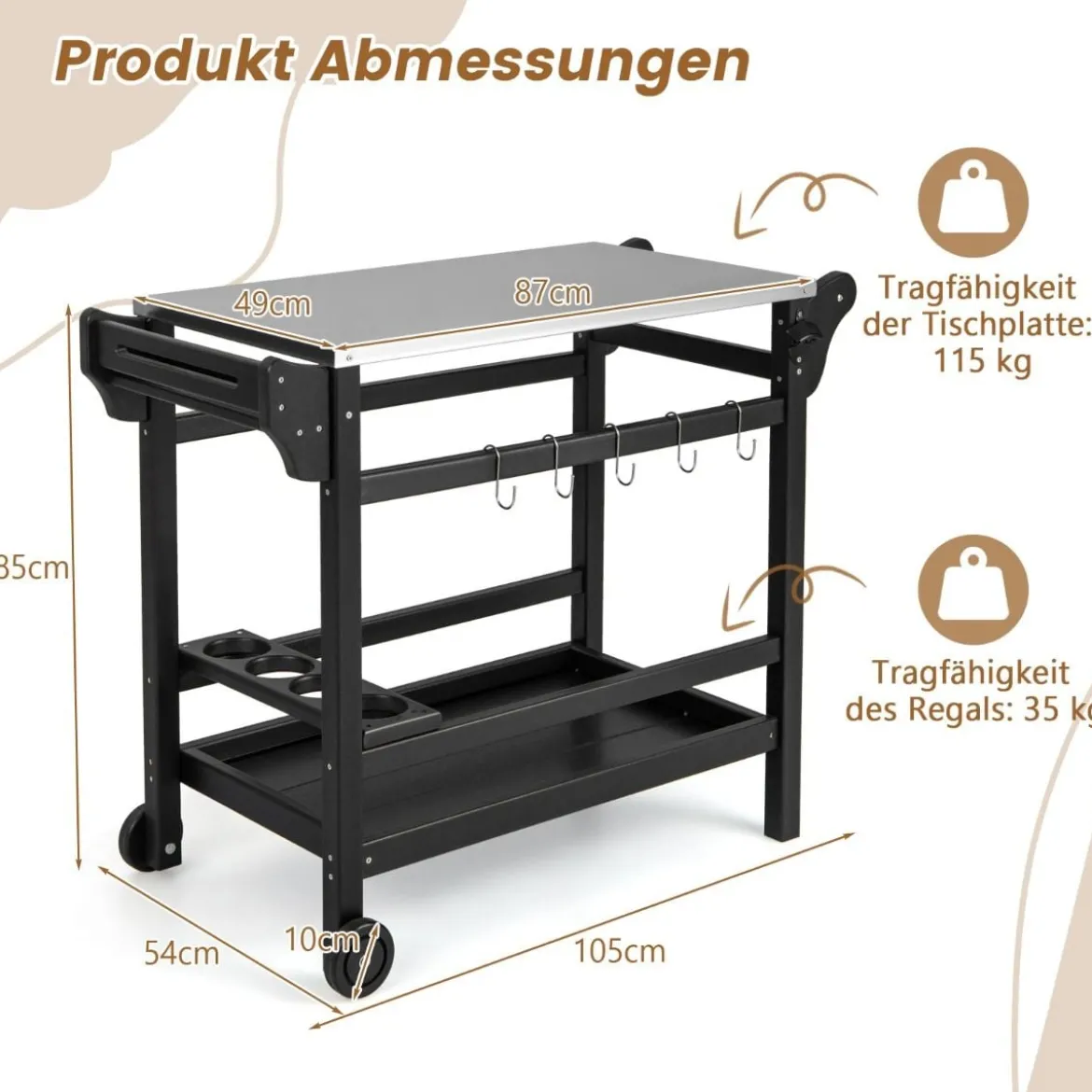 Grillwagen mit Gewürztablett & Weinflaschenregal & Griff & 2 Rollen Grilltisch 105 x 54 x 85 cm