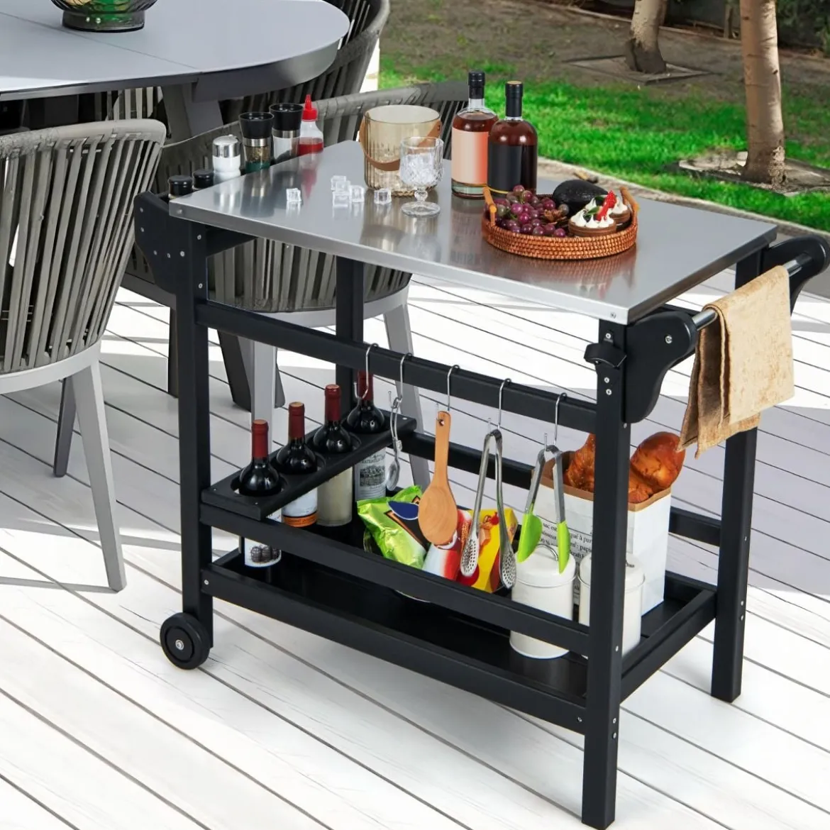 Grillwagen mit Gewürztablett & Weinflaschenregal & Griff & 2 Rollen Grilltisch 105 x 54 x 85 cm