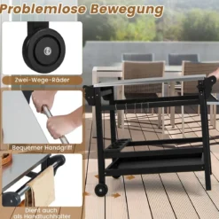 Grillwagen mit Gewürztablett & Weinflaschenregal & Griff & 2 Rollen Grilltisch 105 x 54 x 85 cm