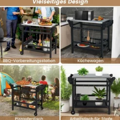 Grillwagen mit Gewürztablett & Weinflaschenregal & Griff & 2 Rollen Grilltisch 105 x 54 x 85 cm