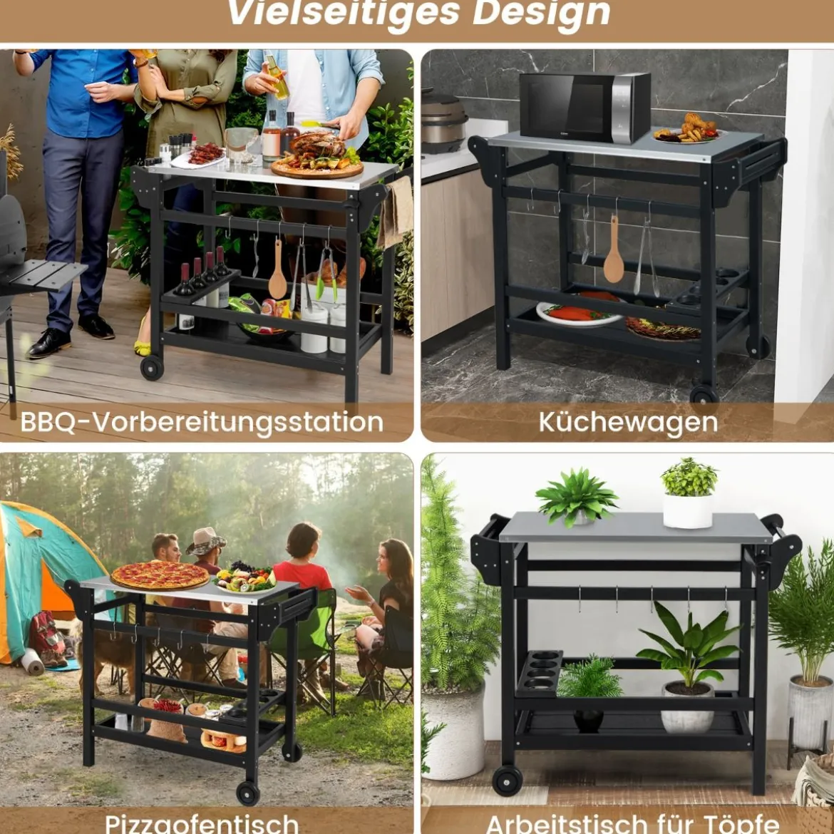 Grillwagen mit Gewürztablett & Weinflaschenregal & Griff & 2 Rollen Grilltisch 105 x 54 x 85 cm