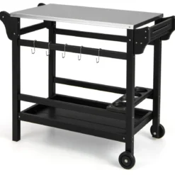 Grillwagen mit Gewürztablett & Weinflaschenregal & Griff & 2 Rollen Grilltisch 105 x 54 x 85 cm