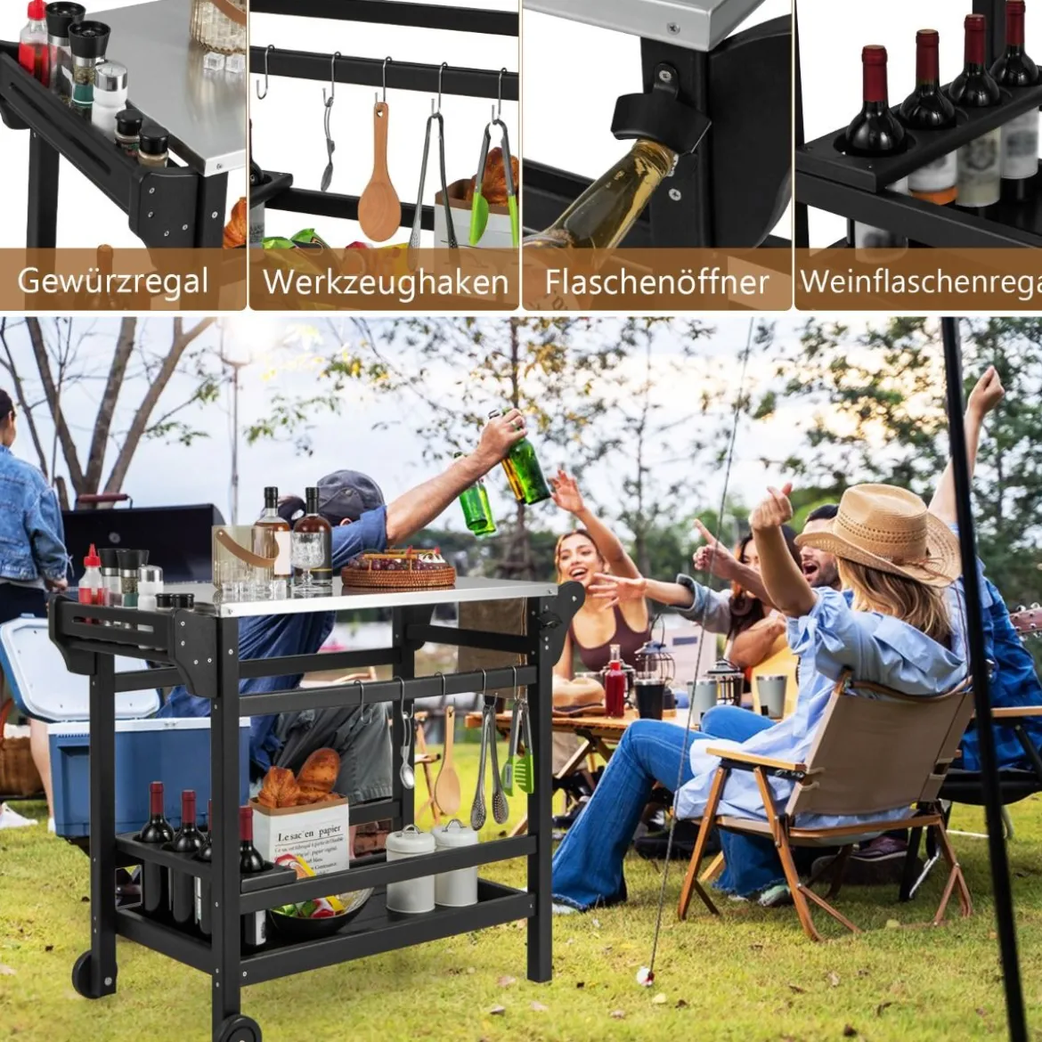 Grillwagen mit Gewürztablett & Weinflaschenregal & Griff & 2 Rollen Grilltisch 105 x 54 x 85 cm