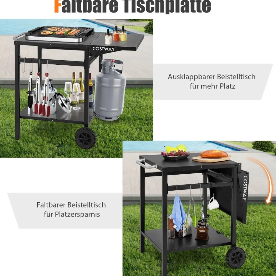 Grillwagen mit Klappbarer Tischplatte & 2 Ablagen & 4 Haken Beweglicher Campingtisch