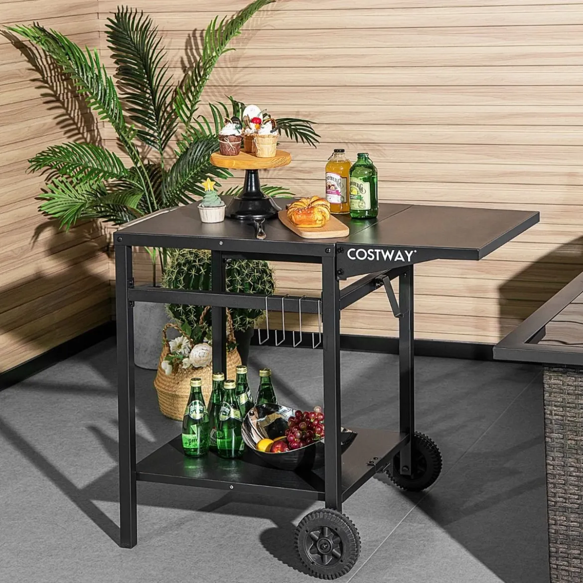 Grillwagen mit Klappbarer Tischplatte & 2 Ablagen & 4 Haken Beweglicher Campingtisch